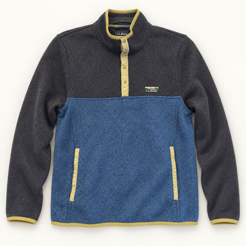 LL Bean Mens Small Sweater Fleece Colorblock Snap Pullover Blue Gray